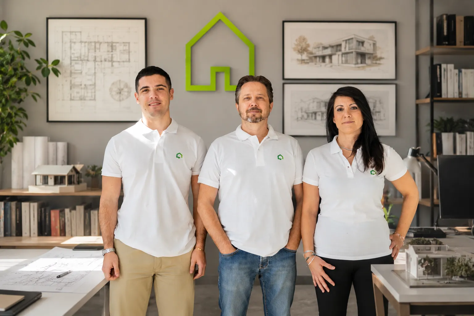 Il team Nathea nello studio di progettazione, davanti a disegni e modelli architettonici