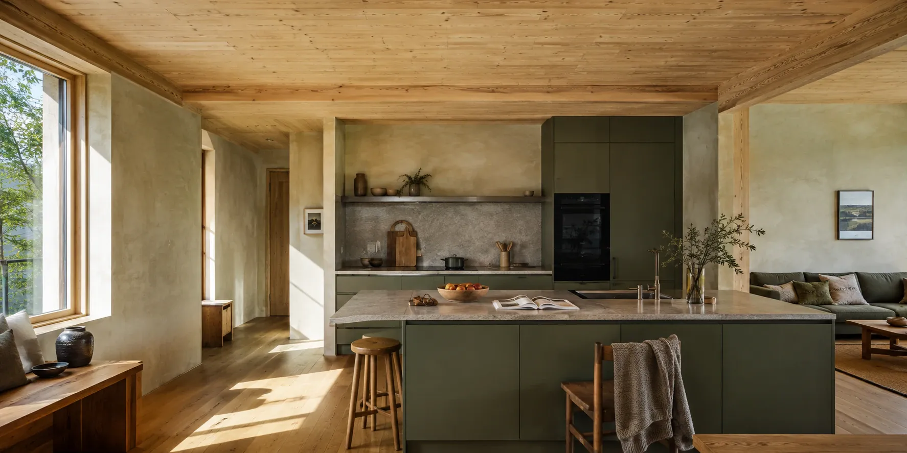 Interno luminoso di una casa in bioedilizia con cucina e finiture moderne