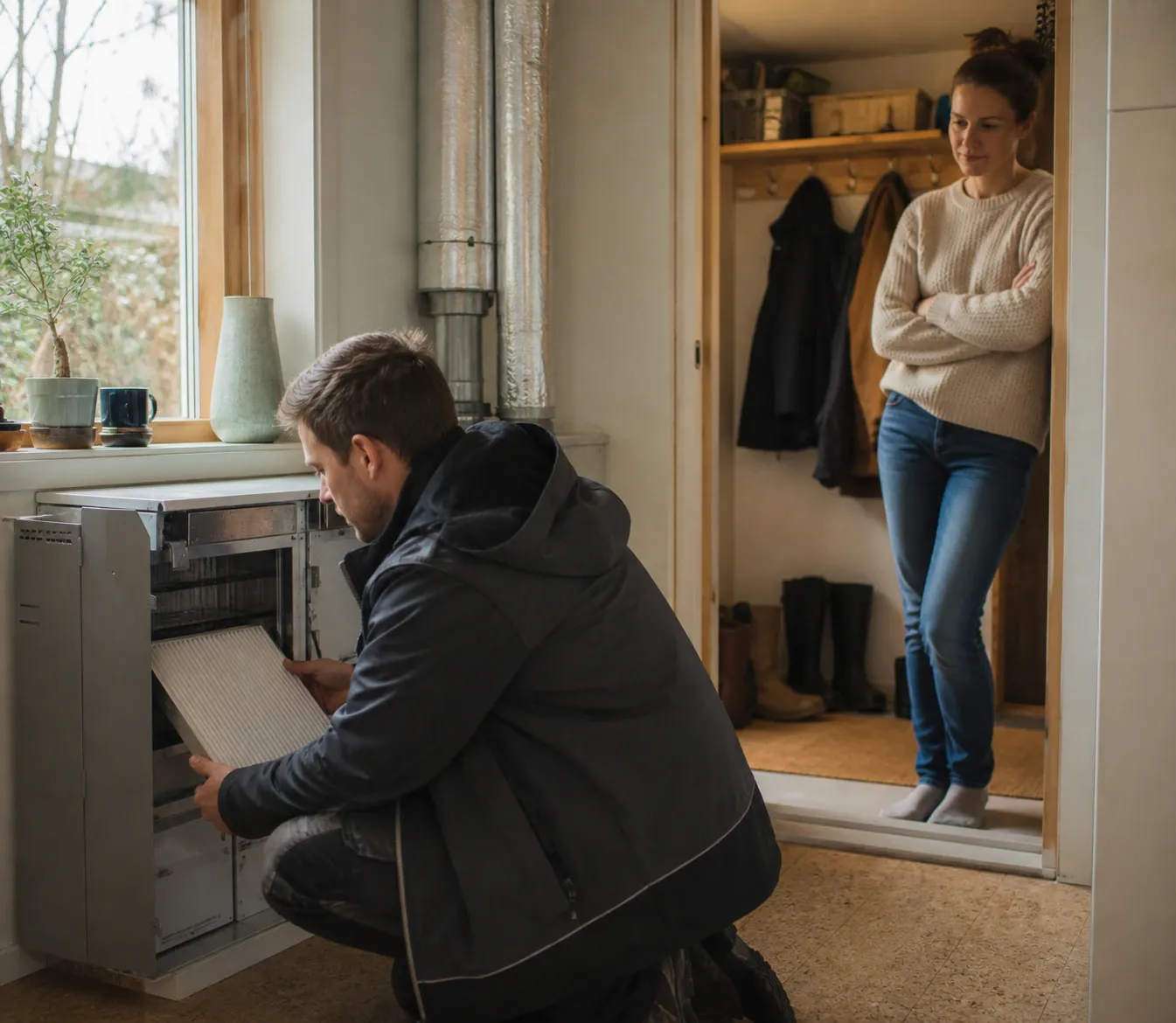 Un tecnico controlla l'impianto di ventilazione mentre il proprietario osserva