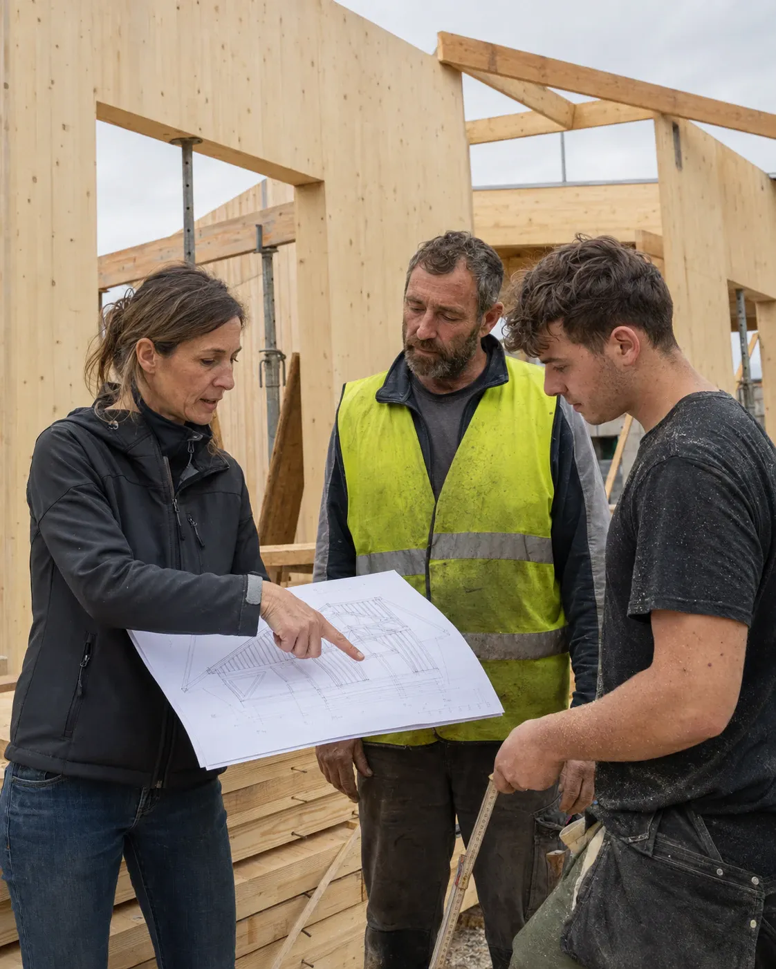 Tre professionisti in cantiere discutono su un disegno strutturale