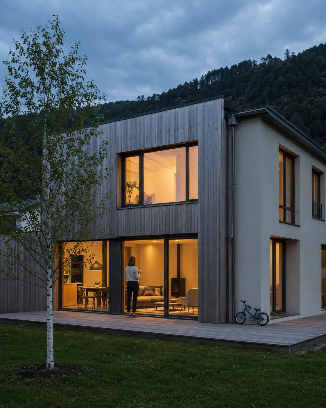 Casa in legno al crepuscolo, con le finestre illuminate e una persona sulla terrazza